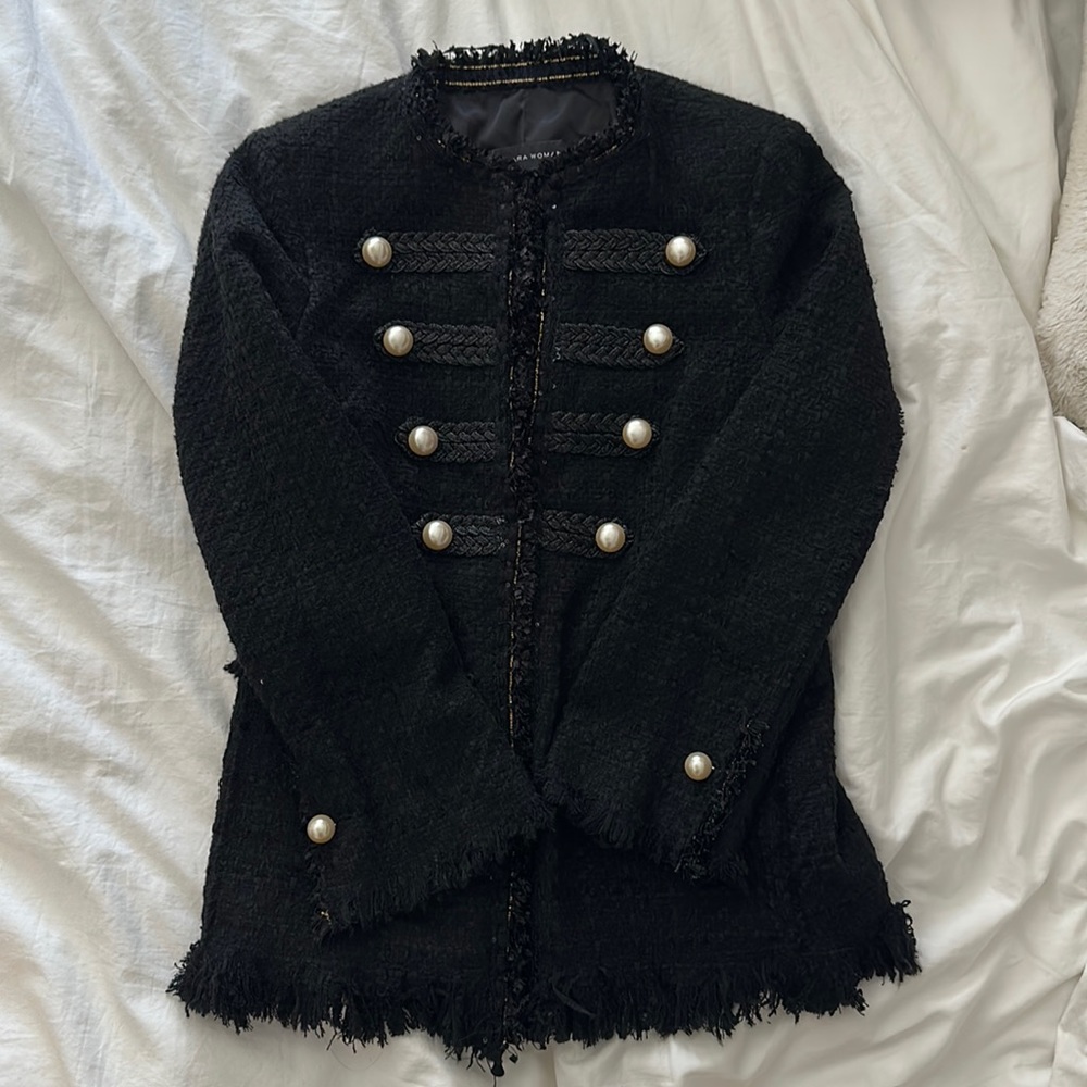 ZARA WOMAN BLACK MILITARY TWEED JACKET WITH PEARL BUTTONS SIZE XS REF. 7767/701